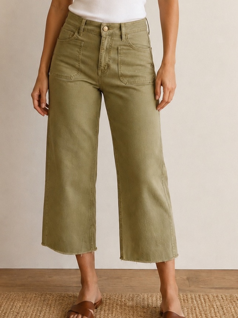 Mica High-Rise Olive Cropped Wide-Leg Jeans - Women's Casual